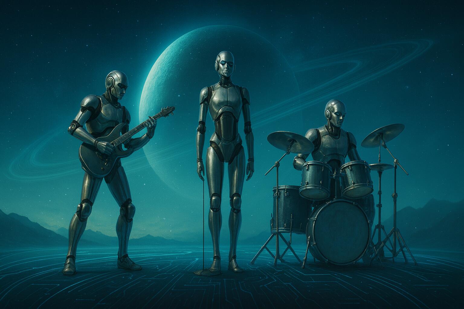 Futuristic robot band under a ringed planet